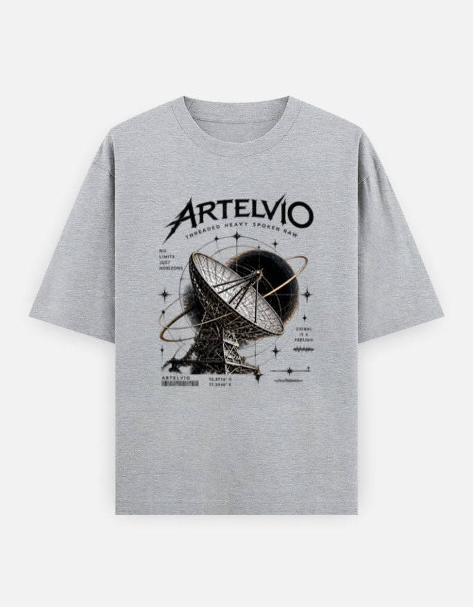 ARTELVIO Signal From Beyond oversized grey melange T-shirt with satellite dish graphic, 240 GSM heavyweight cotton