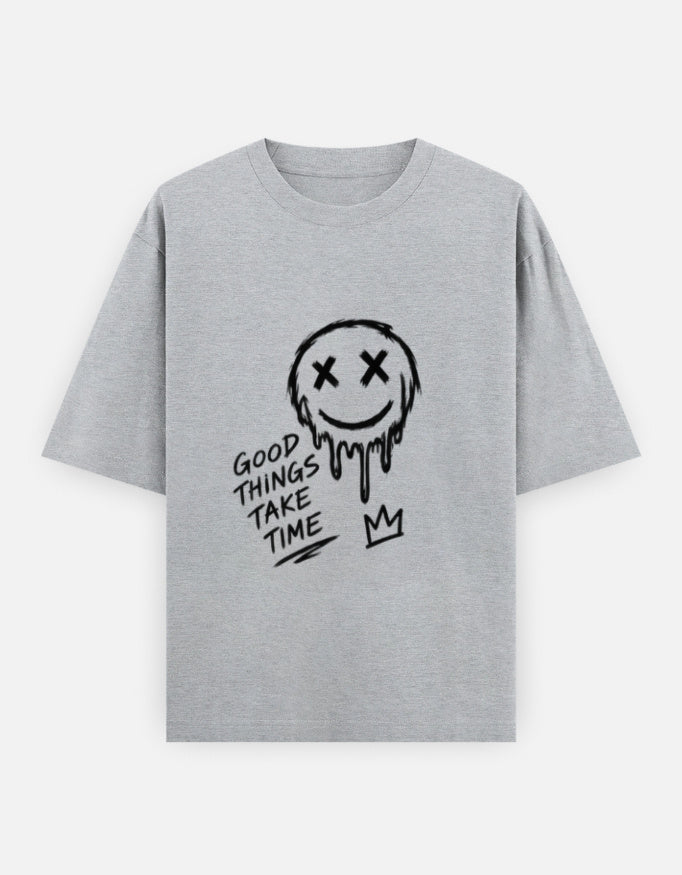 Artelvio The Wait oversized graphic t-shirt in grey melange with hand-drawn Good Things Take Time design