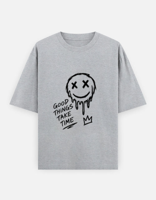 Artelvio The Wait oversized graphic t-shirt in grey melange with hand-drawn Good Things Take Time design