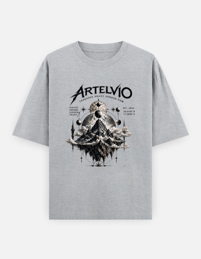 ARTELVIO COSMIC PEAKS oversized grey T-shirt with mountain and celestial graphic