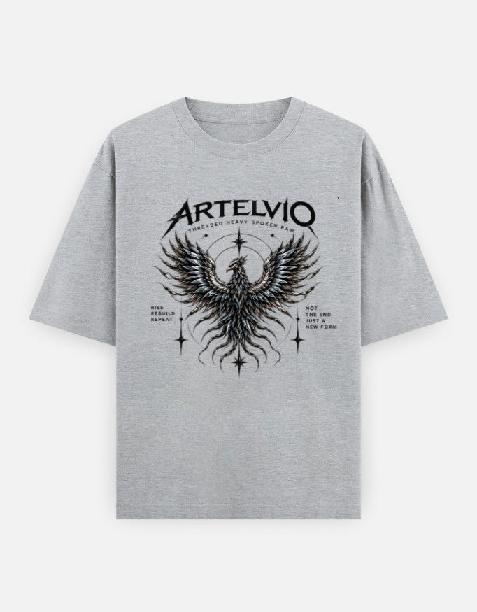 ARTELVIO Phoenix Rebirth oversized grey heavyweight T-shirt with phoenix graphic