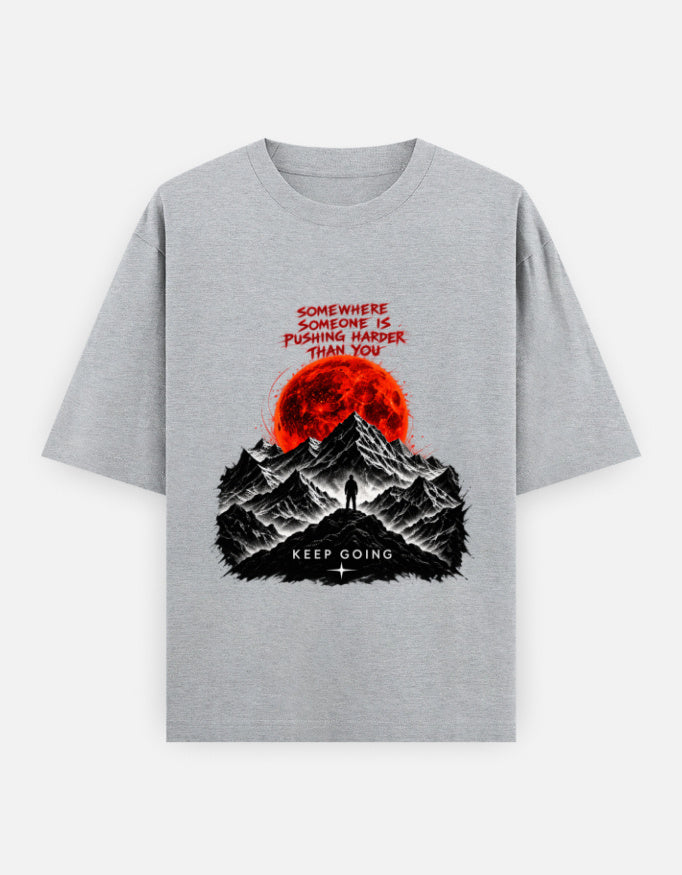 Artelvio KEEP GOING oversized t-shirt in grey with red moon graphic
