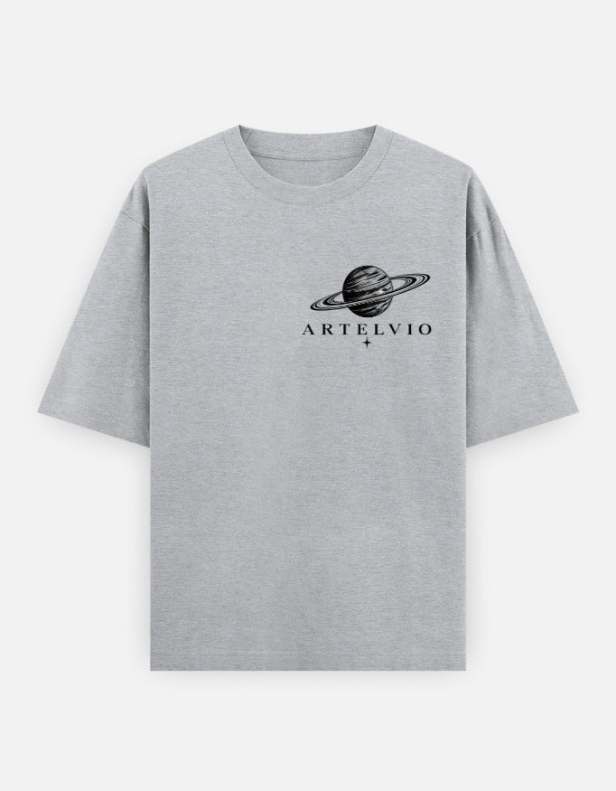 Artelvio Eclipse Wings oversized women's tee in grey melange with signature planet crest graphic on front