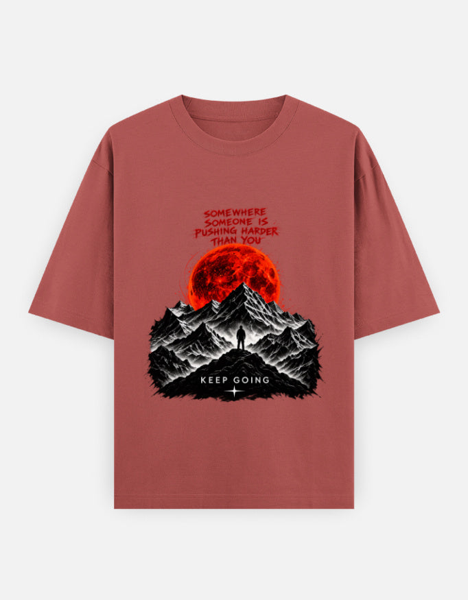 Artelvio KEEP GOING oversized t-shirt in coral with red moon graphic
