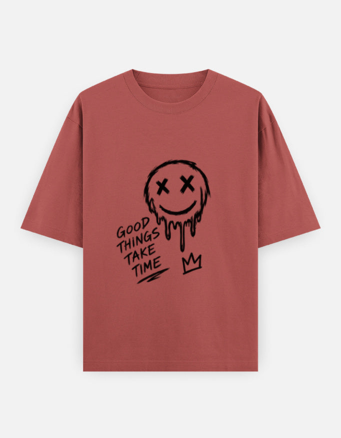 Artelvio The Wait oversized graphic t-shirt in dusty rose with hand-drawn Good Things Take Time design