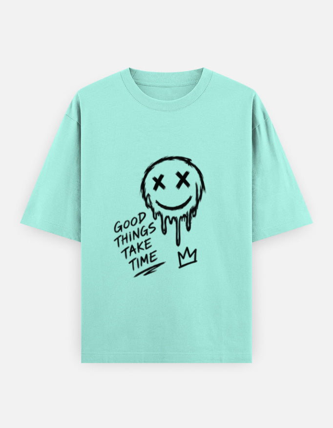 Artelvio The Wait oversized graphic t-shirt in mint with hand-drawn Good Things Take Time design