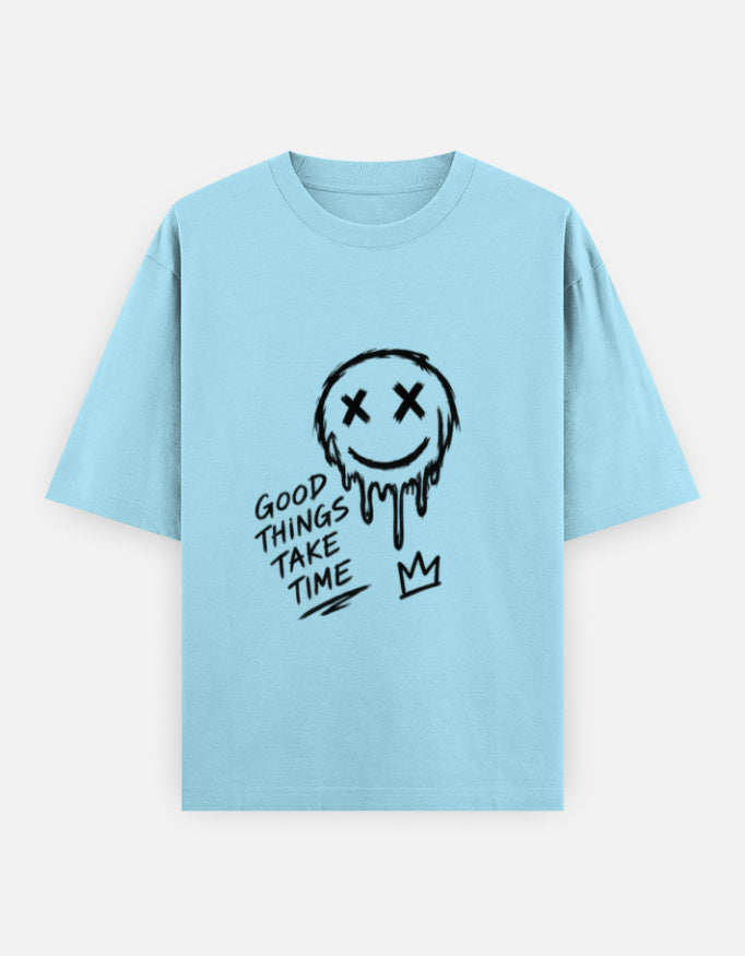 Artelvio The Wait oversized graphic t-shirt in light blue with hand-drawn Good Things Take Time design