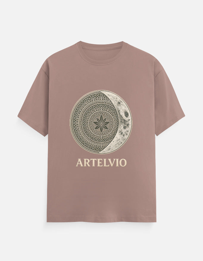 ARTELVIO Celestial Mandala Tee in mushroom with a celestial mandala sun and crescent moon graphic on the front
