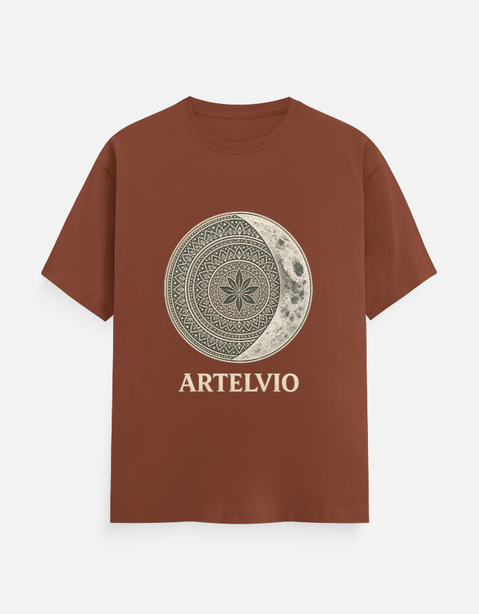 ARTELVIO Celestial Mandala Tee in copper with a celestial mandala sun and crescent moon graphic on the front