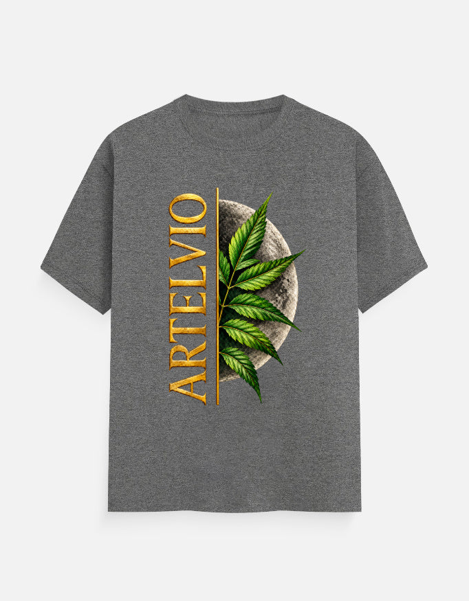 ARTELVIO Lunar Botanica Tee in charcoal melange with green botanical leaves, full moon graphic, and vertical ARTELVIO typography