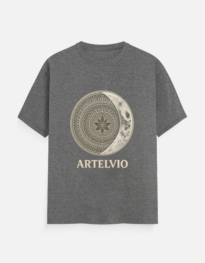 ARTELVIO Celestial Mandala Tee in charcoal melange with a celestial mandala sun and crescent moon graphic on the front