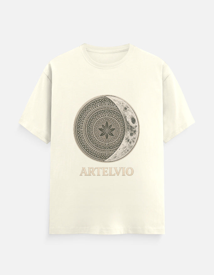 ARTELVIO Celestial Mandala Tee in off white with a celestial mandala sun and crescent moon graphic on the front