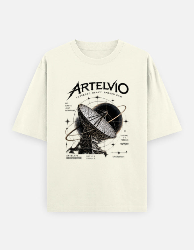 ARTELVIO Signal From Beyond oversized off white T-shirt with satellite dish graphic, 240 GSM heavyweight cotton