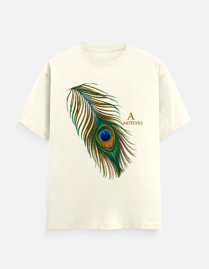 ARTELVIO Peacock Essence Tee in off white with a detailed colorful peacock feather graphic.