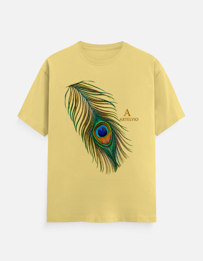 ARTELVIO Peacock Essence Tee in yellow with a detailed colorful peacock feather graphic
