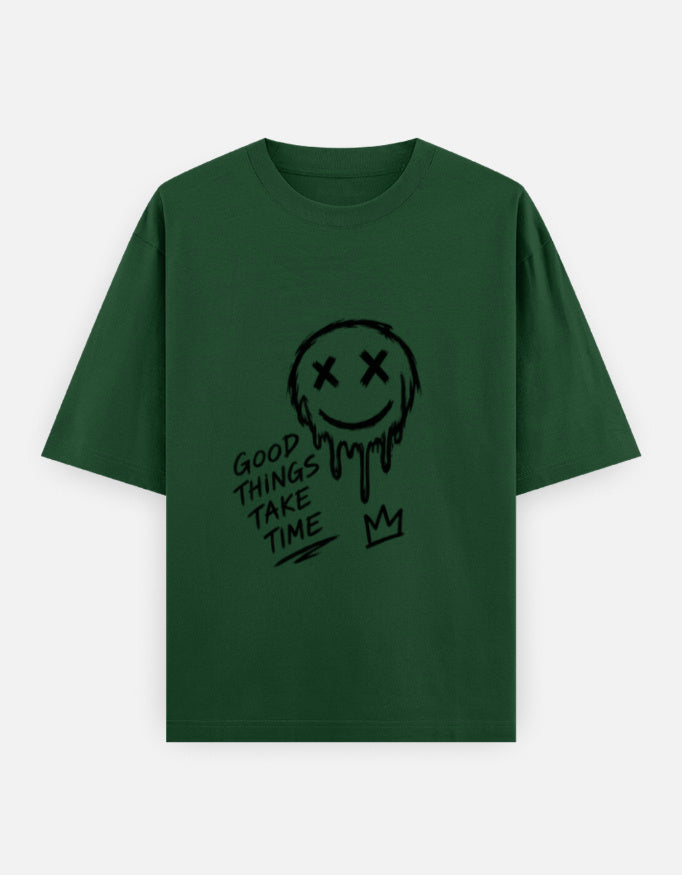 Artelvio The Wait oversized graphic t-shirt in bottle green with hand-drawn Good Things Take Time design