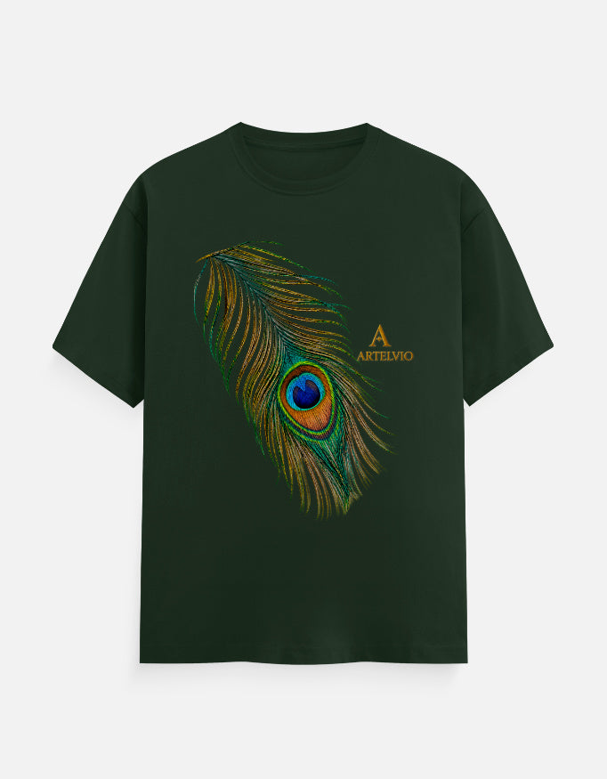 ARTELVIO Peacock Essence Tee in bottle green with a detailed colorful peacock feather graphic.