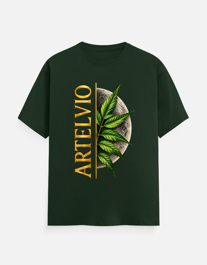 ARTELVIO Lunar Botanica Tee in bottle green with botanical leaves, full moon graphic, and vertical ARTELVIO typograph