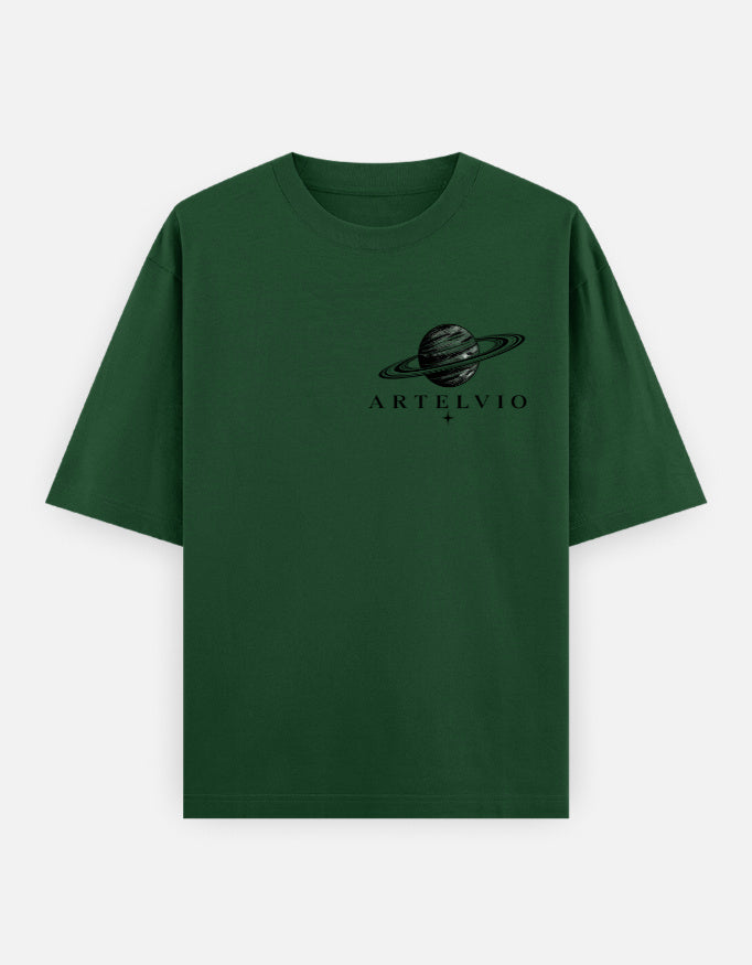 Artelvio Eclipse Wings oversized women's tee in bottle green with signature planet crest graphic on front