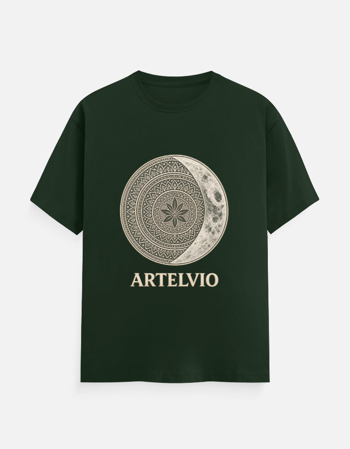 ARTELVIO Celestial Mandala Tee in bottle green with a celestial mandala sun and crescent moon graphic on the front