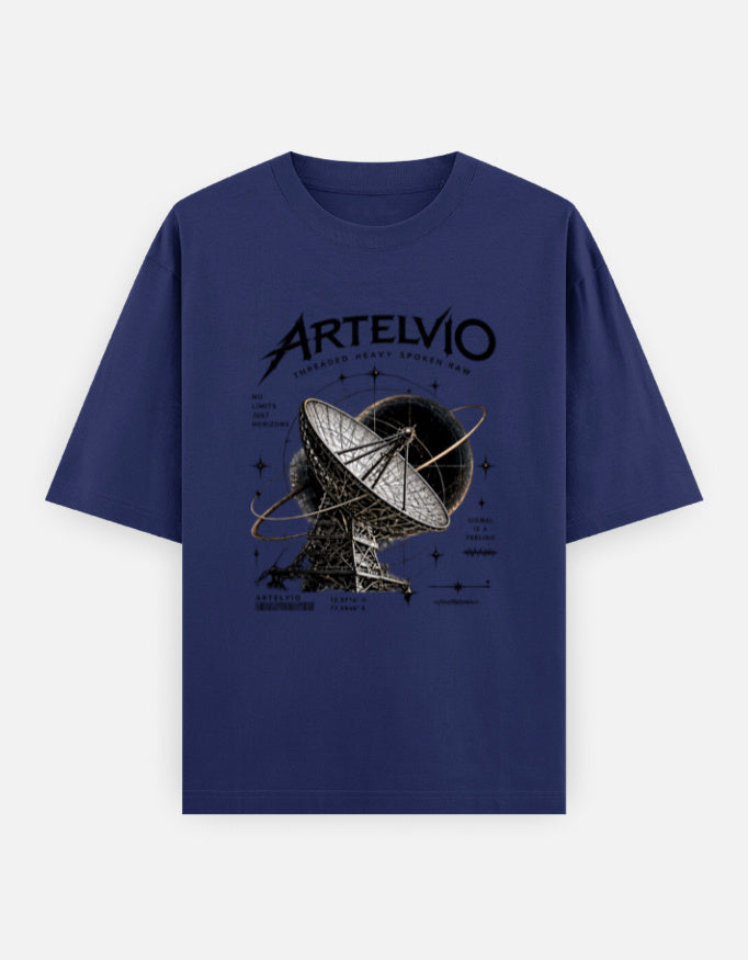 ARTELVIO Signal From Beyond oversized royal blue T-shirt with satellite dish graphic, 240 GSM heavyweight cotton