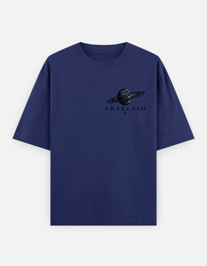Royal blue oversized t-shirt featuring the ARTELVIO ringed planet graphic on the chest