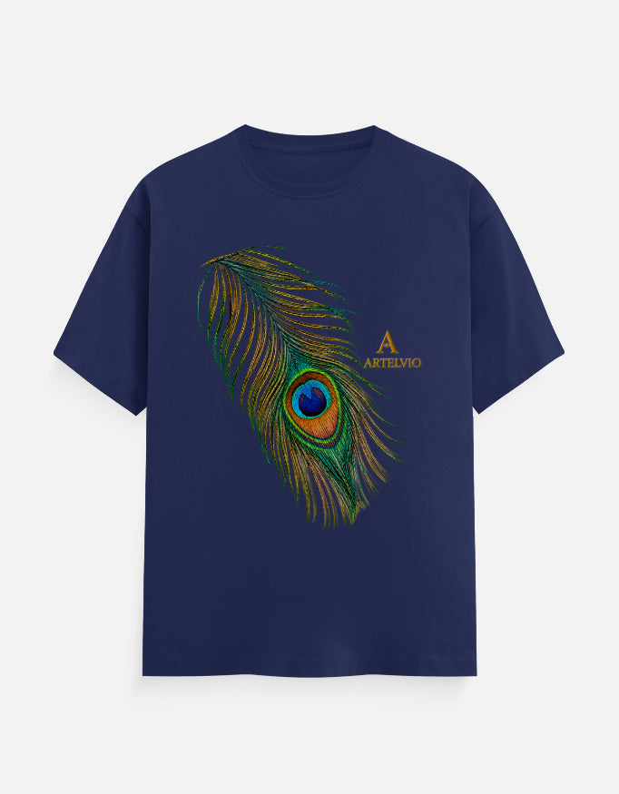 ARTELVIO Peacock Essence Tee in royal blue with a detailed colorful peacock feather graphic.