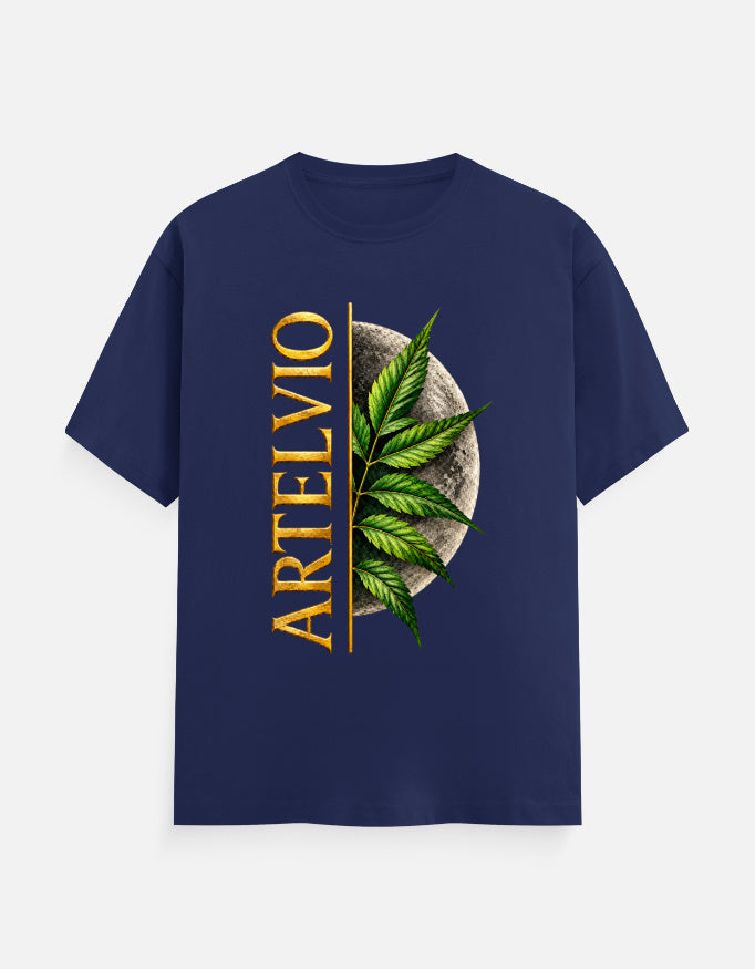 ARTELVIO Lunar Botanica Tee in royal blue with green botanical leaves, full moon graphic, and vertical ARTELVIO typography