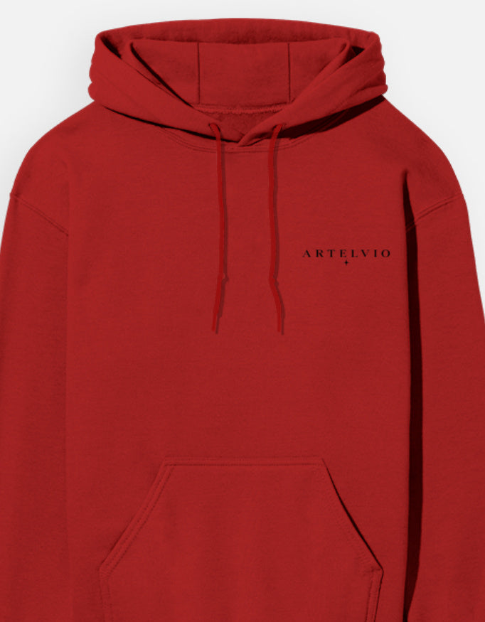 Red ARTELVIO Thorned Moon Hoodie featuring the ARTELVIO logo on the front chest.