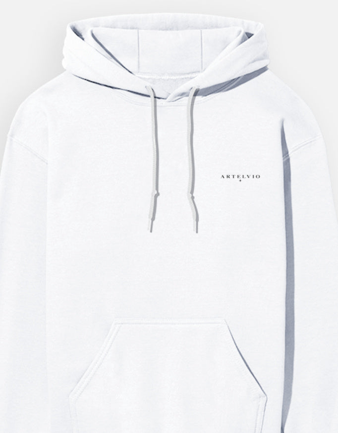 ARTELVIO logo on left chest of white Japanese Fox unisex hoodie
