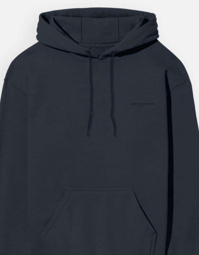 ARTELVIO logo on left chest of navy blue Japanese Fox unisex hoodie