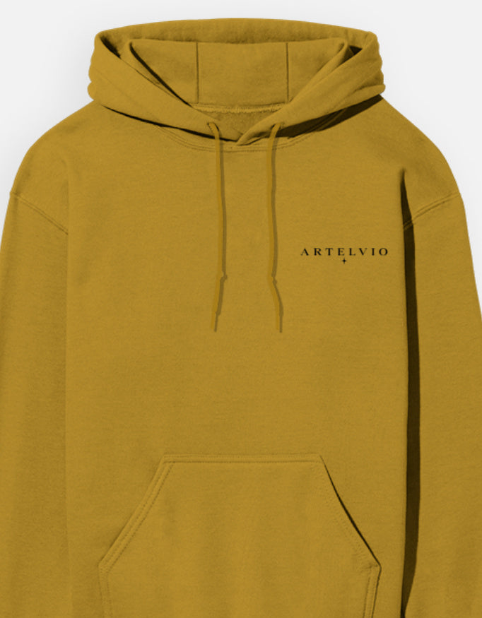Mustard ARTELVIO Thorned Moon Hoodie featuring the ARTELVIO logo on the front chest.