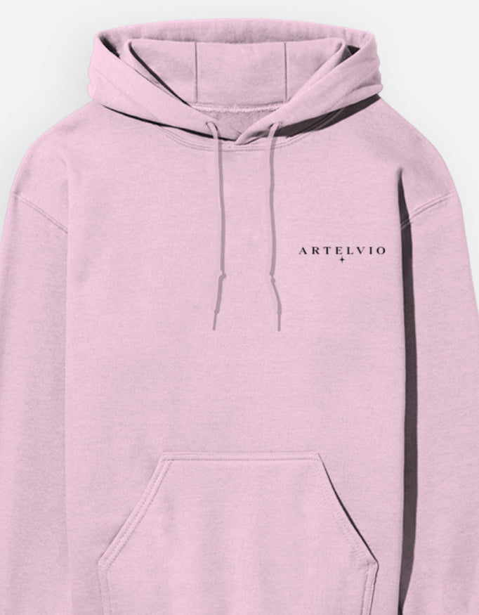Baby pink ARTELVIO Thorned Moon Hoodie featuring the ARTELVIO logo on the front chest.