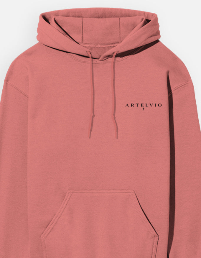 Coral ARTELVIO Thorned Moon Hoodie featuring the ARTELVIO logo on the front chest.