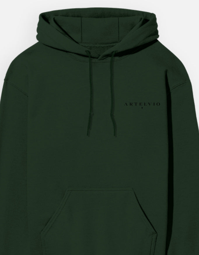 ARTELVIO Lunar Relic hoodie bottle green front with ARTELVIO logo