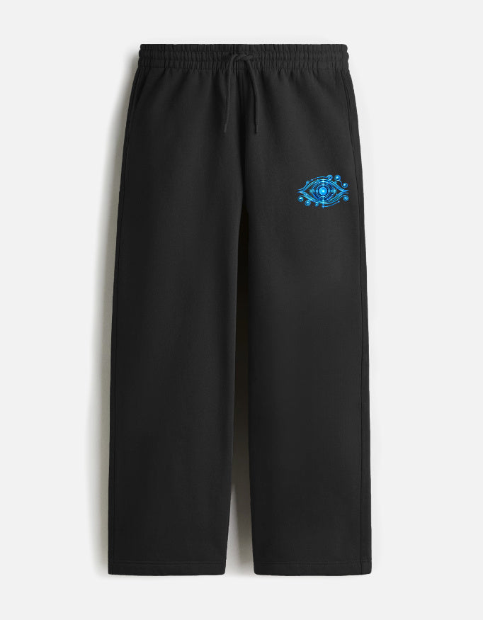 ARTELVIO COSMIC EYE black oversized sweatpants with blue cosmic eye graphic