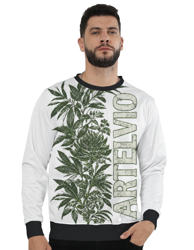 ARTELVIO Botanical Sweatshirt in white with green botanical artwork and vertical ARTELVIO lettering, front view on male model
