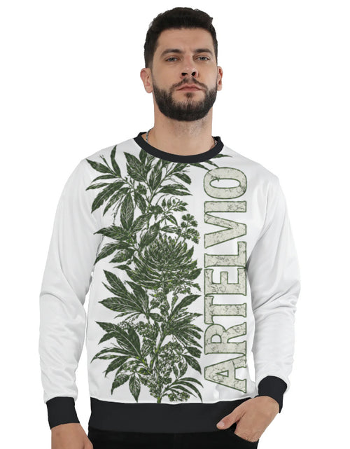 ARTELVIO Botanical Sweatshirt in white with green botanical artwork and vertical ARTELVIO lettering, front view on male model

