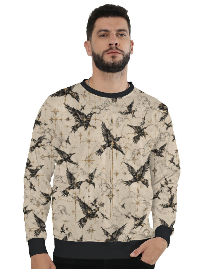 Shop the ARTELVIO Raven Atlas AOP Sweatshirt featuring raven illustrations, antique map details and celestial geometry in a distinctive streetwear design.
