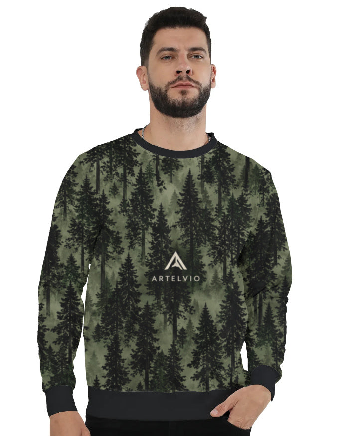 ARTELVIO Wild Forest AOP sweatshirt in dark forest green with an all-over pine-tree pattern and central ARTELVIO branding
