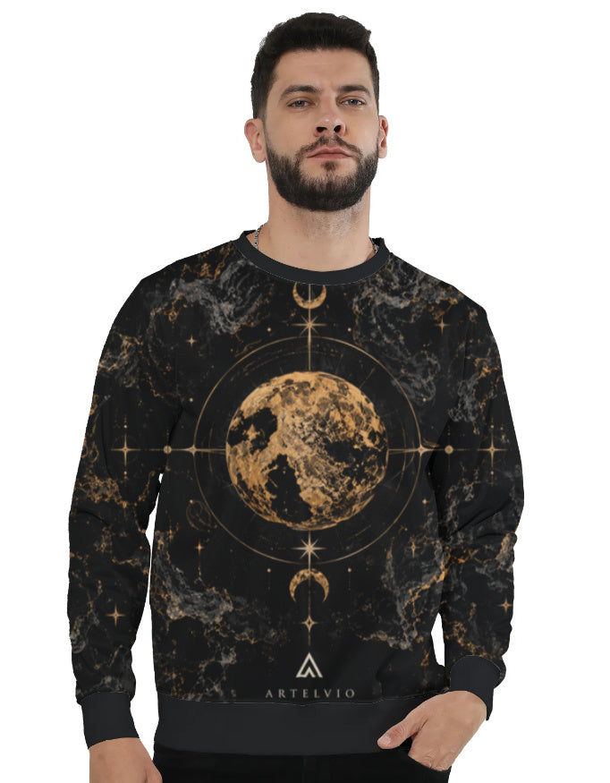 ARTELVIO Celestial Moon AOP sweatshirt in black with an antique-gold celestial centerpiece and cosmic artwork on the front
