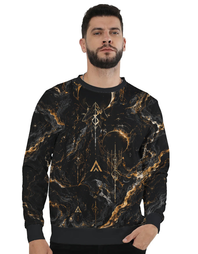 ARTELVIO Obsidian Relic AOP sweatshirt in black with molten-gold veining and geometric relic-inspired artwork across the front
