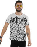 ARTELVIO Gothic Leopard unisex T-shirt front view with bold gothic logo and all-over leopard print