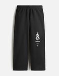 ARTELVIO black sweatpants with white flame graphic and branding on the left leg