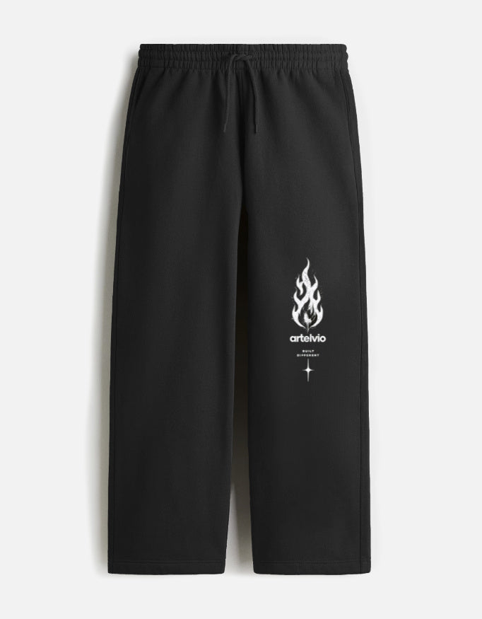 ARTELVIO black sweatpants with white flame graphic and branding on the left leg