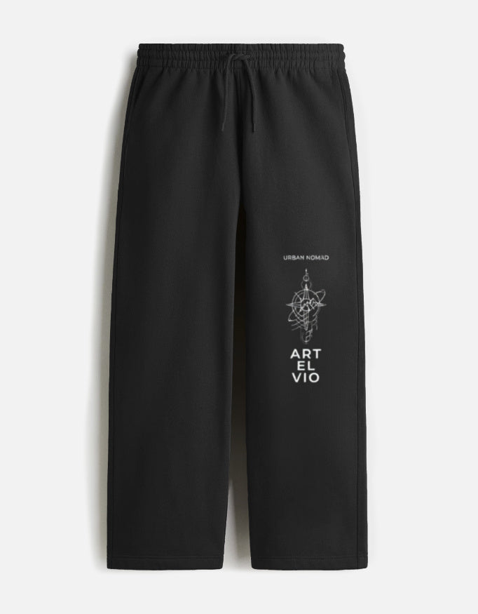 ARTELVIO black sweatpants with URBAN NOMAD compass graphic and vertical ARTELVIO branding on the left leg