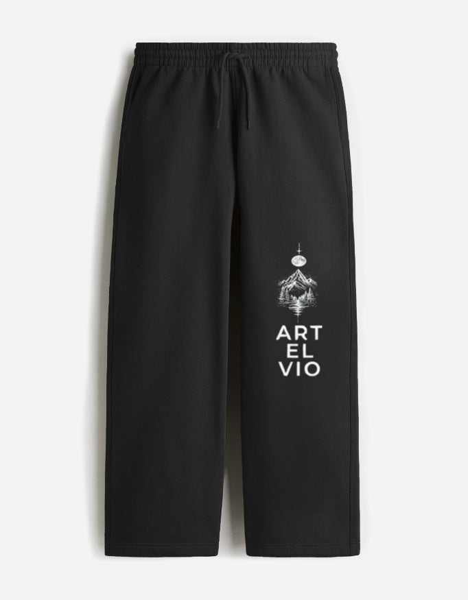 ARTELVIO black sweatpants with white celestial graphic and vertical ARTELVIO branding on the left leg