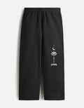 ARTELVIO black sweatpants with crescent moon and lotus graphic on the left leg