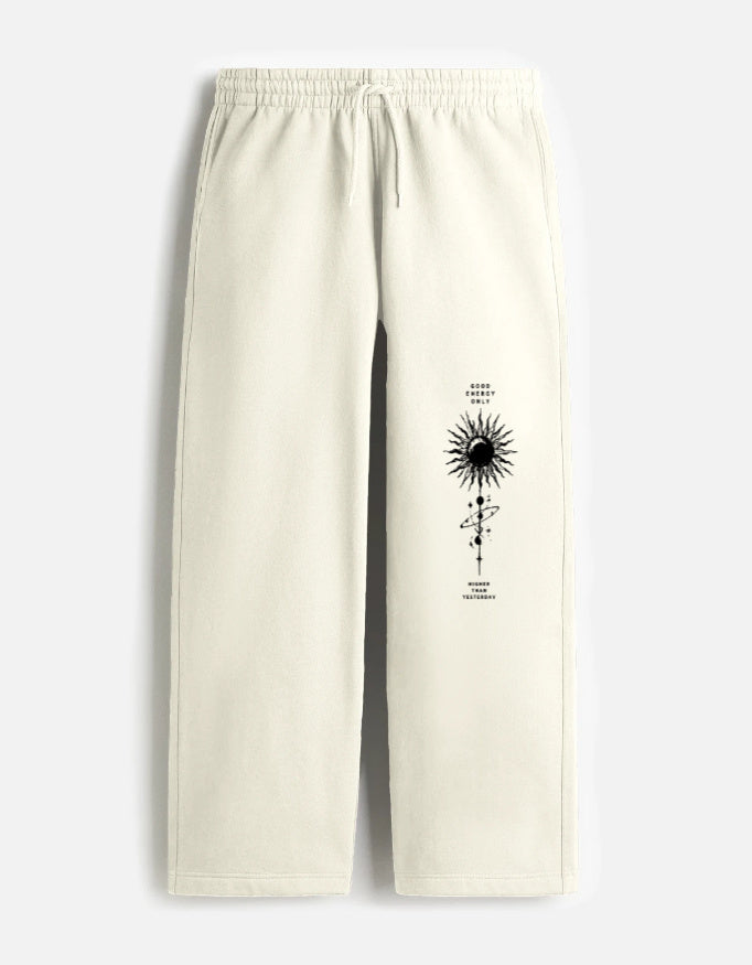 ARTELVIO GOOD ENERGY ONLY oversized sweatpants with vertical celestial graphic on the leg